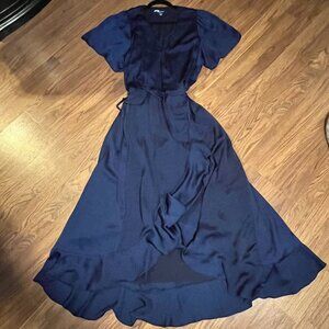 ModCloth - 1x - navy, satin, flowy, feminine, high-low ruffle hem wrap dress